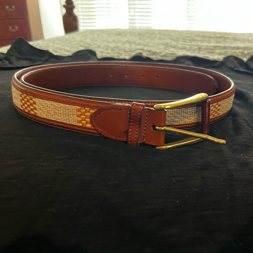 Aniline Kipskin Shoulders Brown Leather Men's Belt with Woven Detail